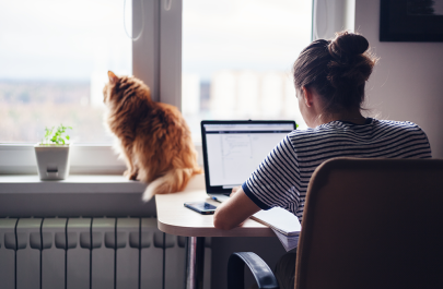 Vrouw werkt thuis aan haar laptop